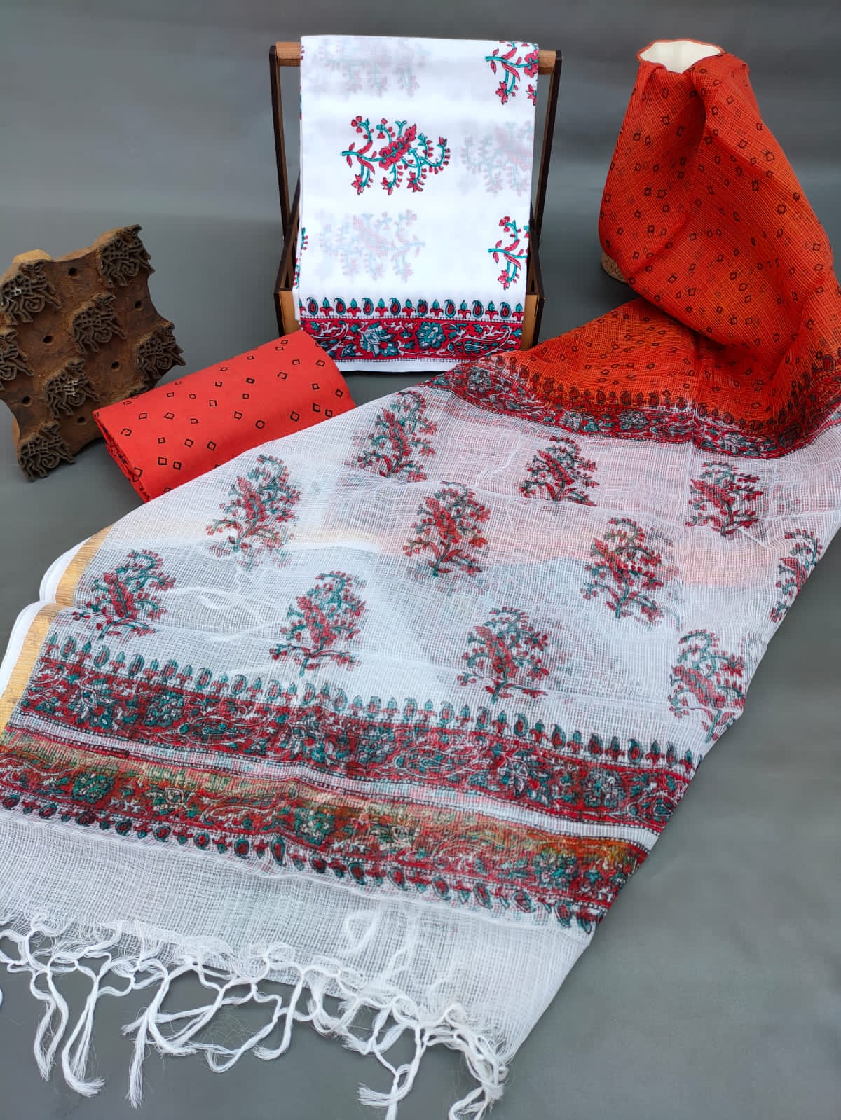 Hand Block Printed Cotton Salwar Suit Set With Kota Silk Dupatta - JBKD187