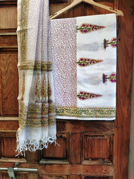 Bagru Print Hand Block Kota Silk Dupatta With Cotton Top Bottom Salwar Suit Set - JBKD125