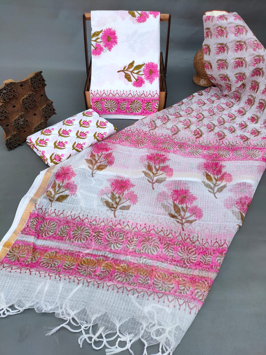 Kota Silk Dupatta Hand Block Printed Cotton Salwar Suit Set - JBKD188