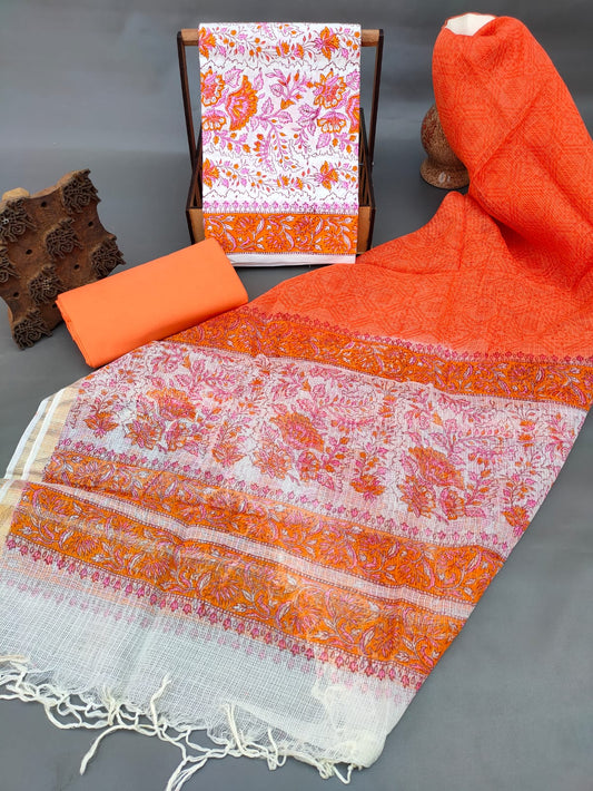 Kota Silk Dupatta With Hand Block Printed Cotton Top-Bottom Salwar Suit Set - JBKD189