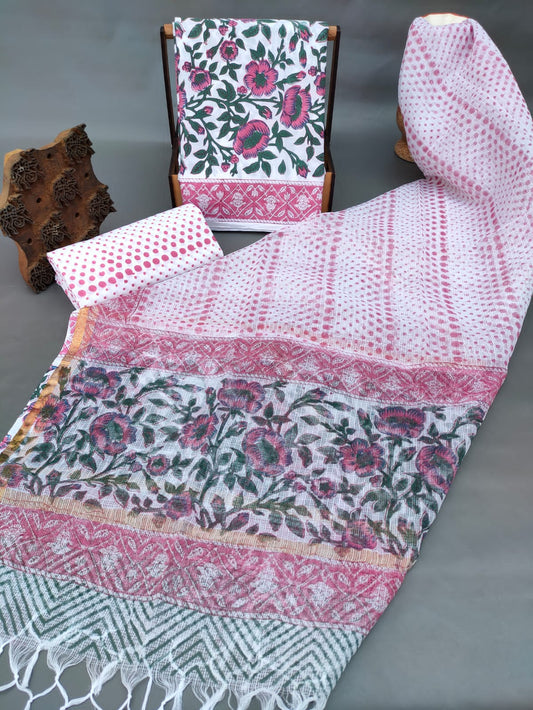 Kota Silk Dupatta With Hand Block Printed Cotton Top-Bottom Salwar Suit Set - JBKD195