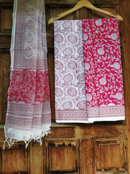 Hand Block Printed Cotton Salwar Suit Set With Kota Silk Dupatta - JBKD127