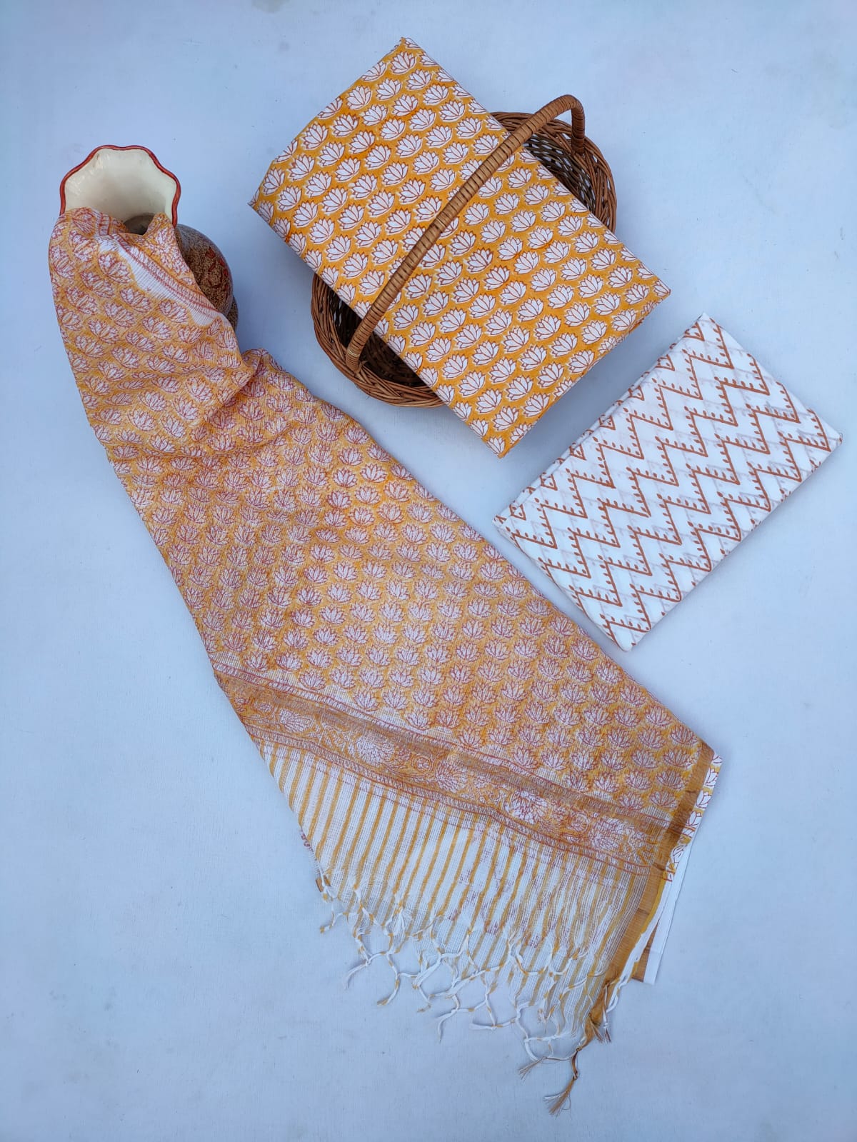 Bagru Print Hand Block Kota Doriya Dupatta With Cotton Top Bottom Salwar Suit Set - JBKD213