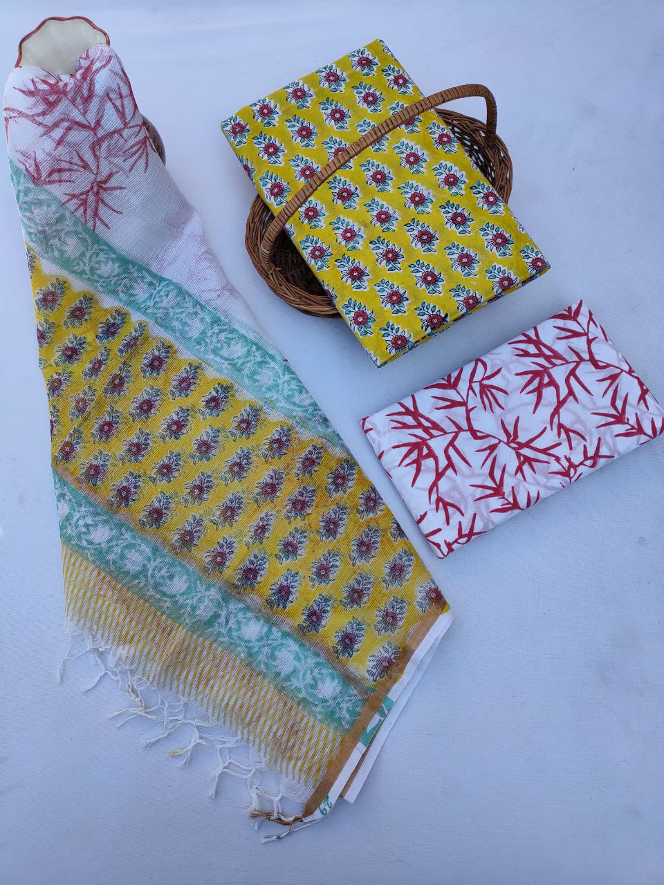 Bagru Print Hand Block Kota Doriya Dupatta With Cotton Top Bottom Salwar Suit Set - JBKD225