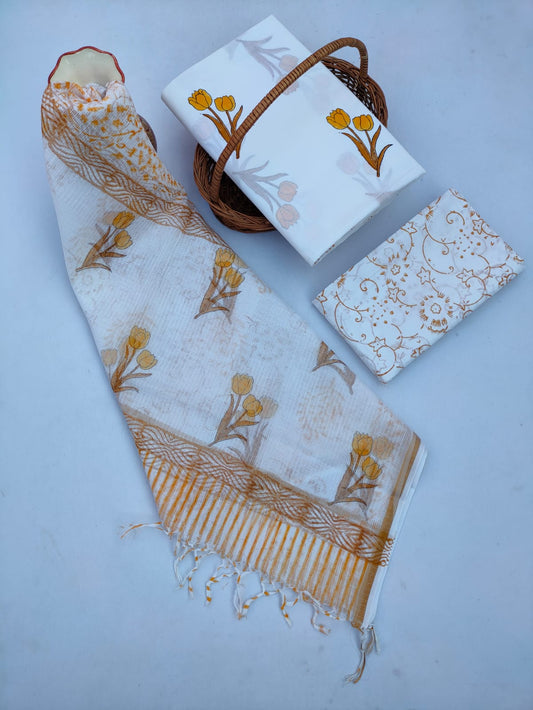 Bagru Print Hand Block Kota Doriya Dupatta With Cotton Top Bottom Salwar Suit Set - JBKD201