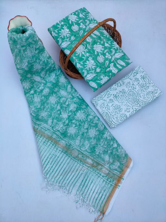 Kota Doriya Dupatta With Hand Block Printed Cotton Top-Bottom Salwar Suit Set - JBKD203