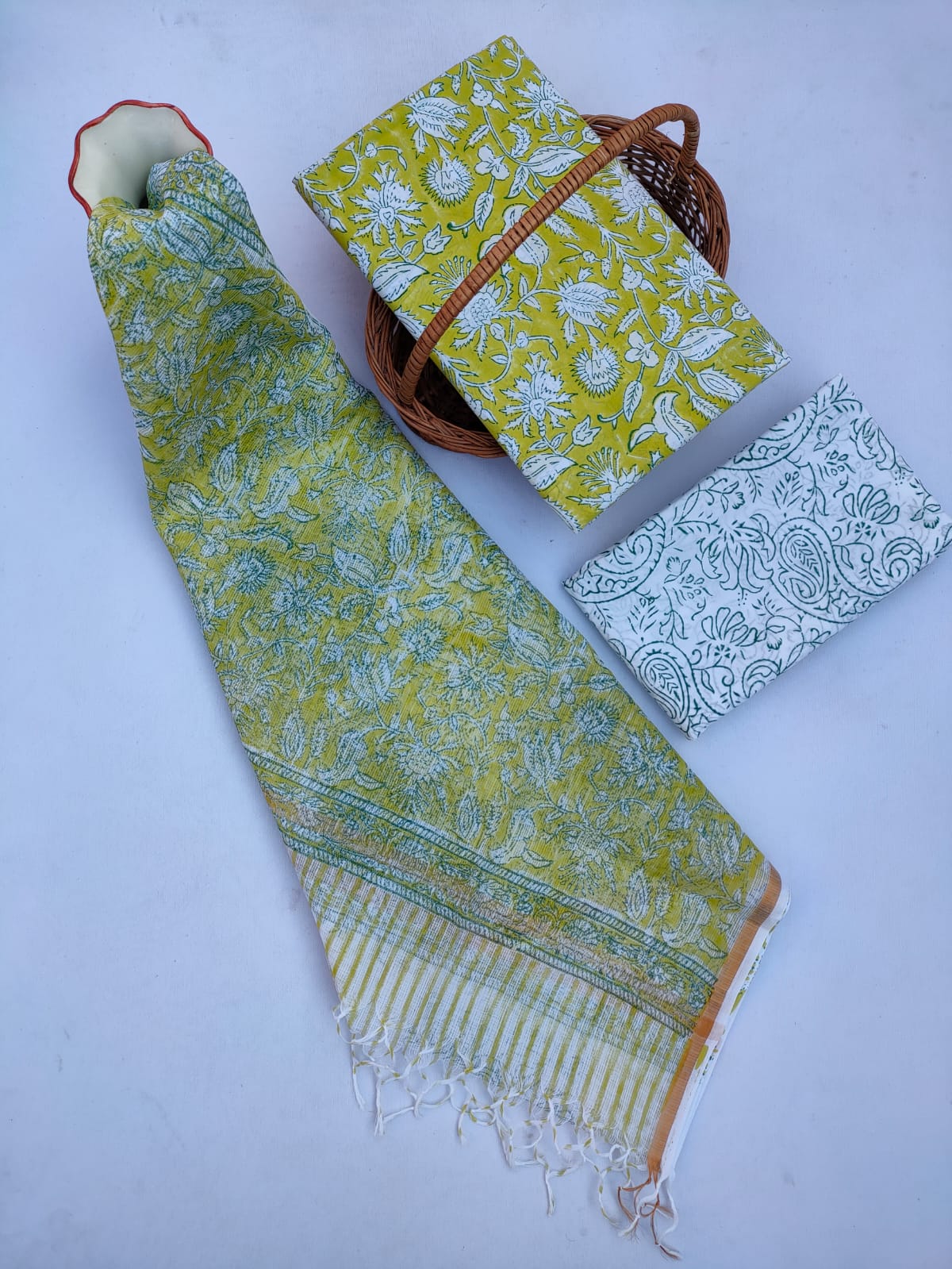 HandBlock Kota Doriya Dupatta With Cotton Top And Bottom Salwar Suit Set - JBKD204