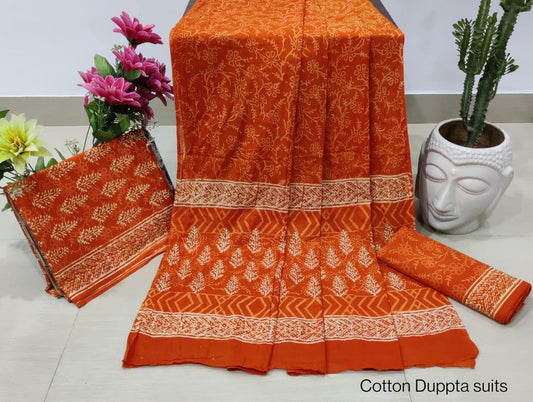 Hand Block Cotton Unstitched Salwar Suit With Cotton/Mulmul Dupatta - JBCM685