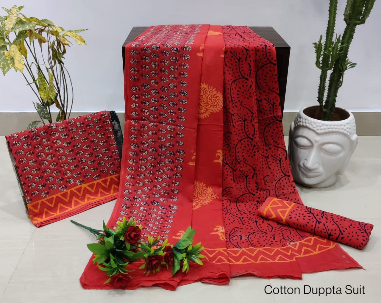 Hand Block Printed Pure Cotton Unstitched Salwar Suit Set With Cotton/Mulmul Dupatta - JBCM686