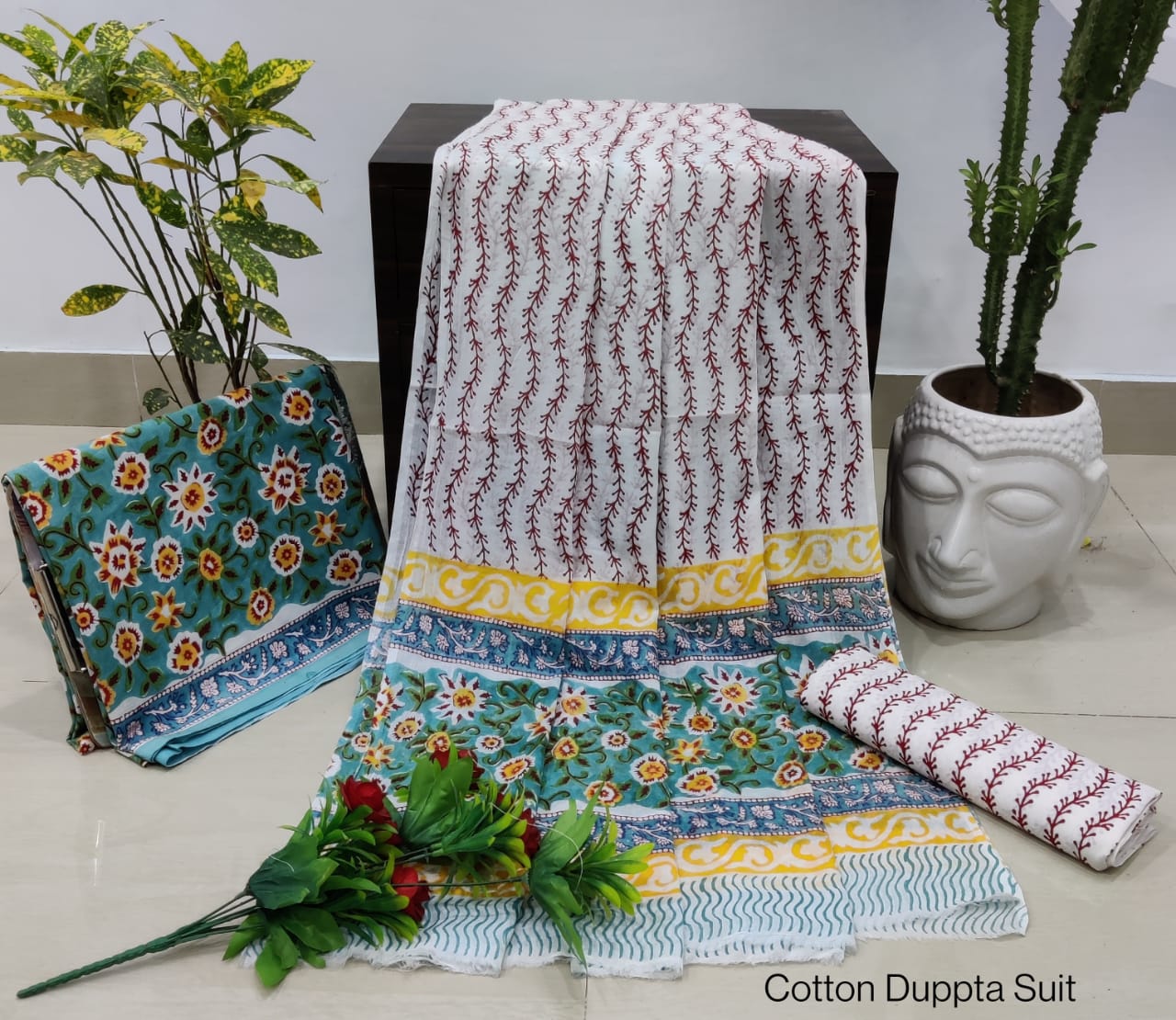Pure Cotton Hand Block Printed Unstitched Salwar Suit Set With Cotton/Mulmul Dupatta - JBCM687