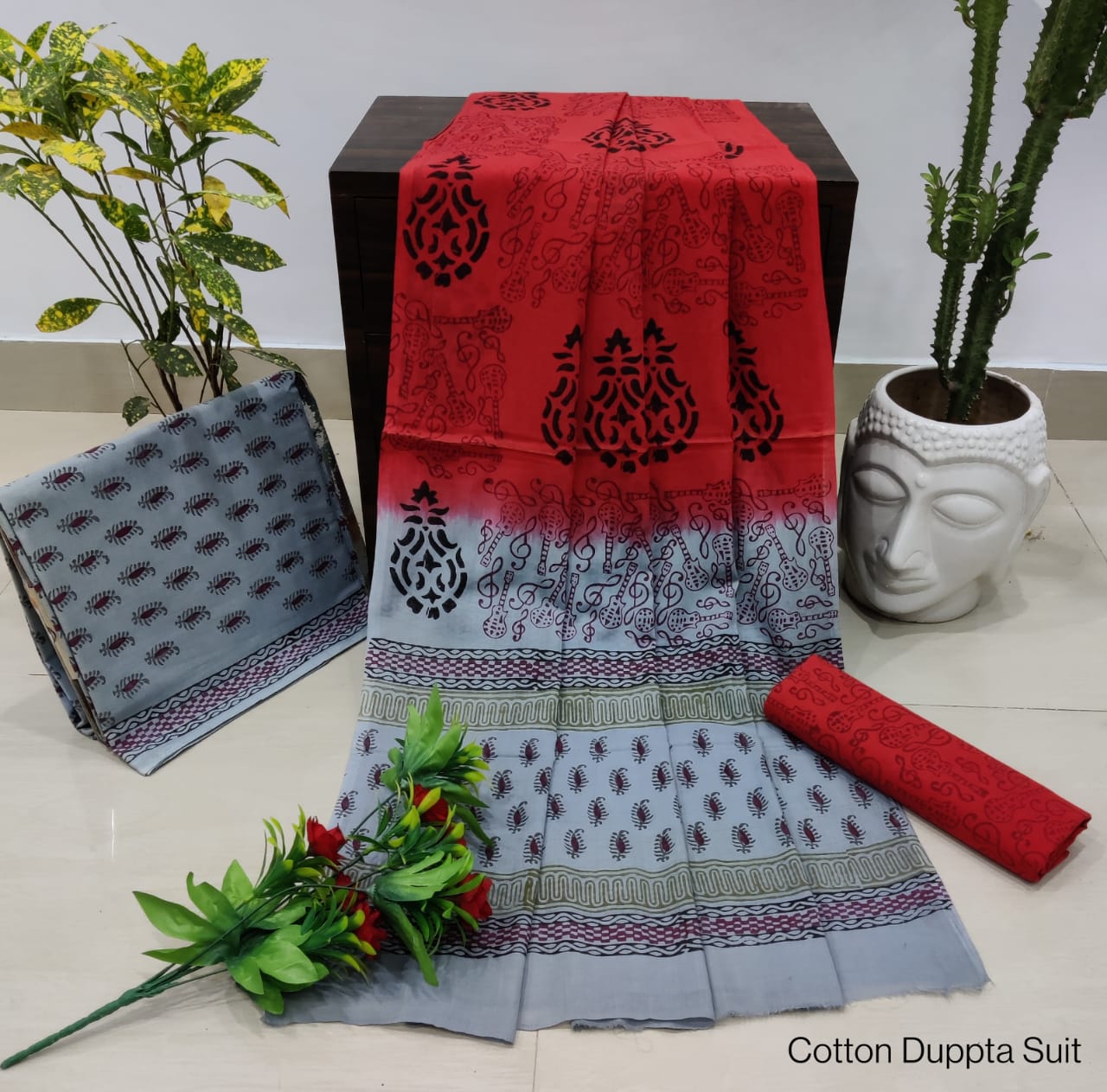 Hand Block Cotton Unstitched Salwar Suit With Cotton/Mulmul Dupatta - JBCM688