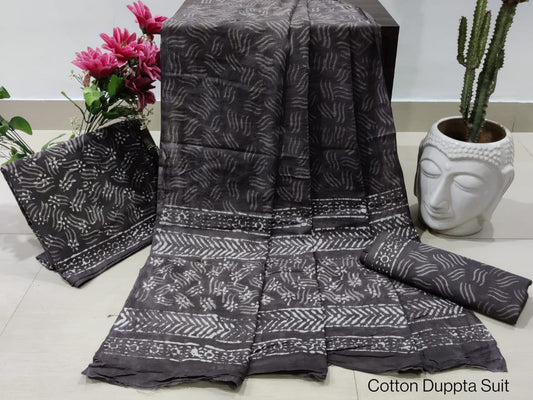 Hand Block Cotton Unstitched Salwar Suit With Cotton/Mulmul Dupatta - JBCM689