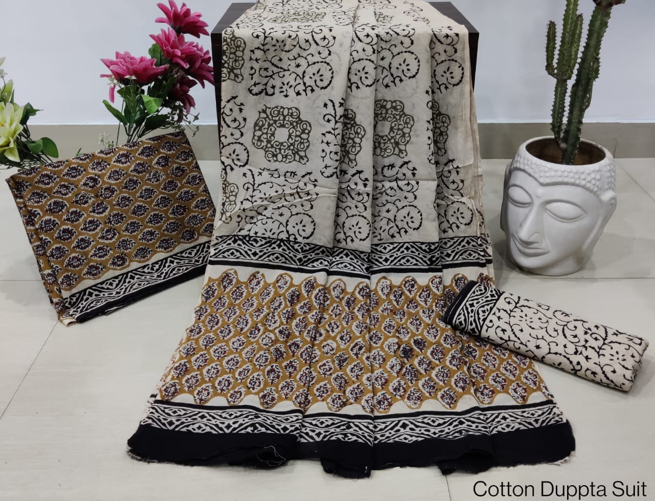 Hand Block Printed Pure Cotton Unstitched Salwar Suit Set With Cotton/Mulmul Dupatta - JBCM690