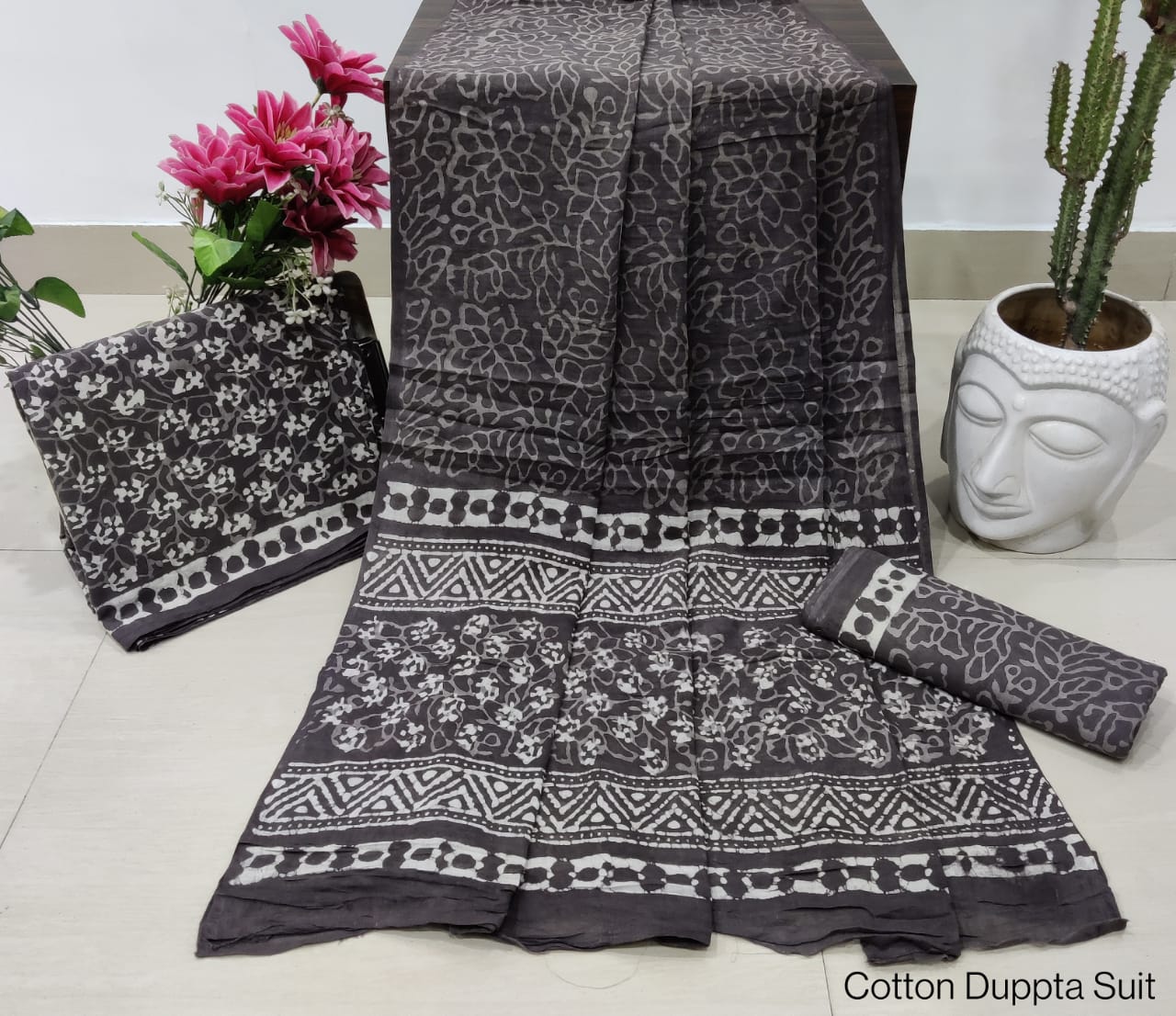 Pure Cotton Hand Block Printed Unstitched Salwar Suit Set With Cotton/Mulmul Dupatta - JBCM691