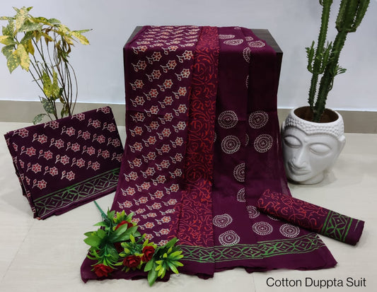 Hand Block Printed Pure Cotton Unstitched Salwar Suit Set With Cotton/Mulmul Dupatta - JBCM694