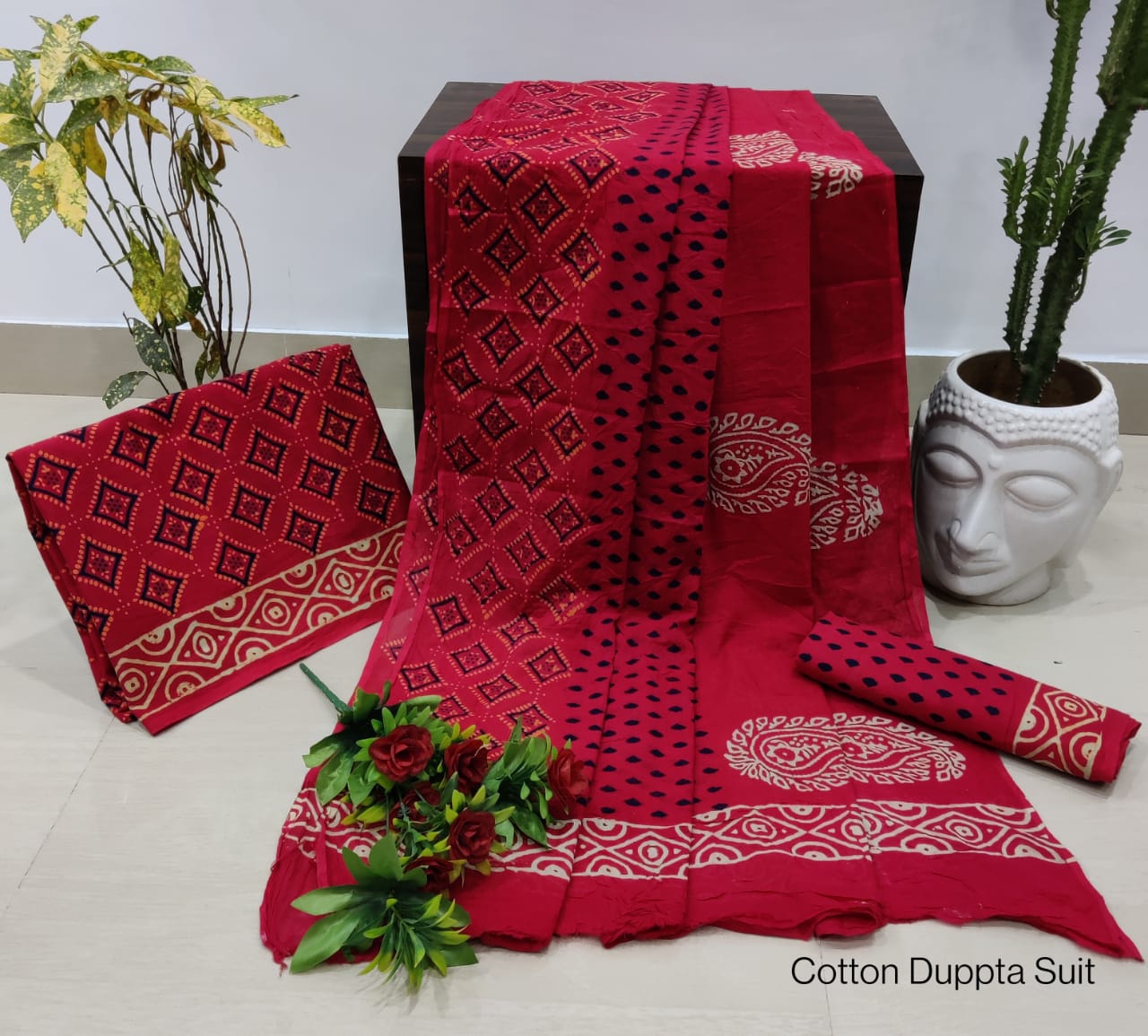 Pure Cotton Hand Block Printed Unstitched Salwar Suit Set With Cotton/Mulmul Dupatta - JBCM695