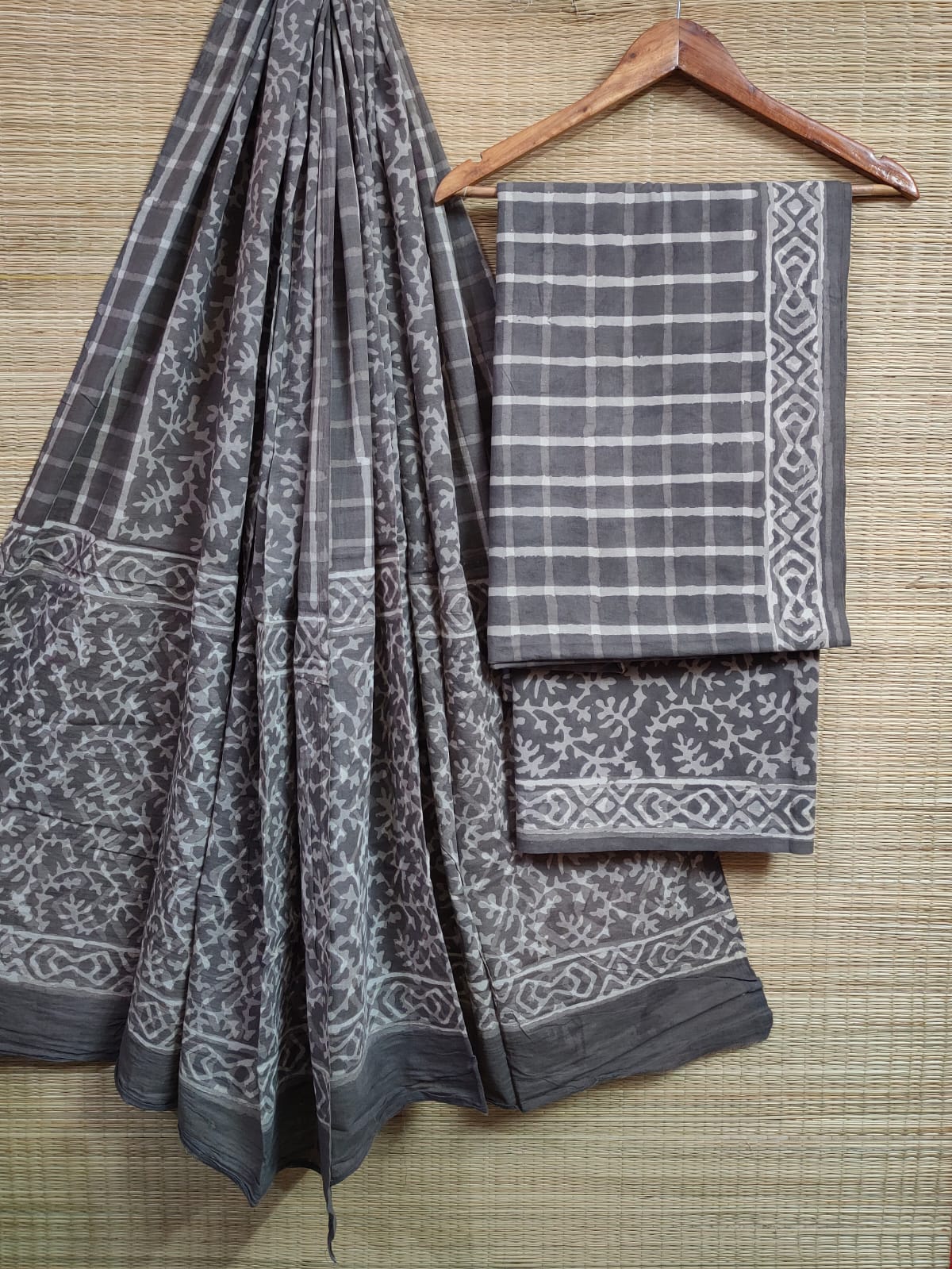Hand Block Printed Pure Cotton Unstitched Salwar Suit Set With Cotton/Mulmul Dupatta - JBCM698