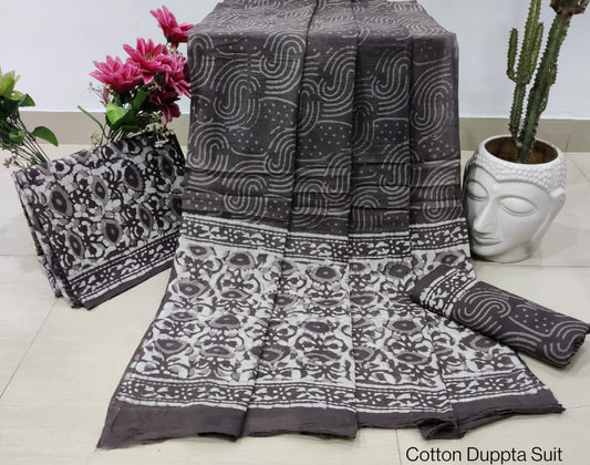 Pure Cotton Hand Block Printed Unstitched Salwar Suit Set With Cotton/Mulmul Dupatta - JBCM699
