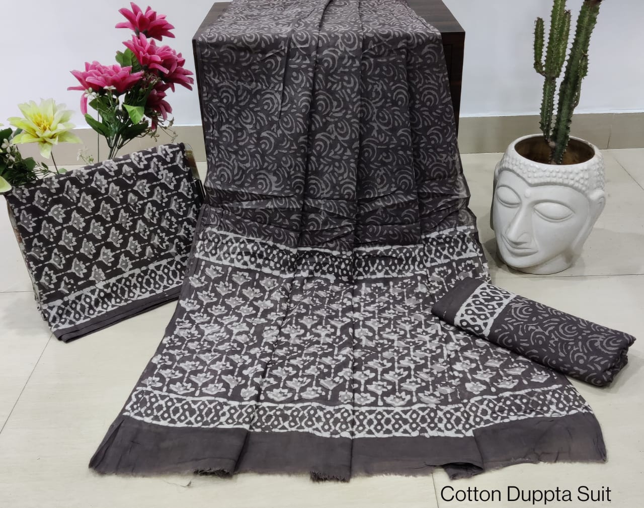 Hand Block Cotton Unstitched Salwar Suit With Cotton/Mulmul Dupatta - JBCM700
