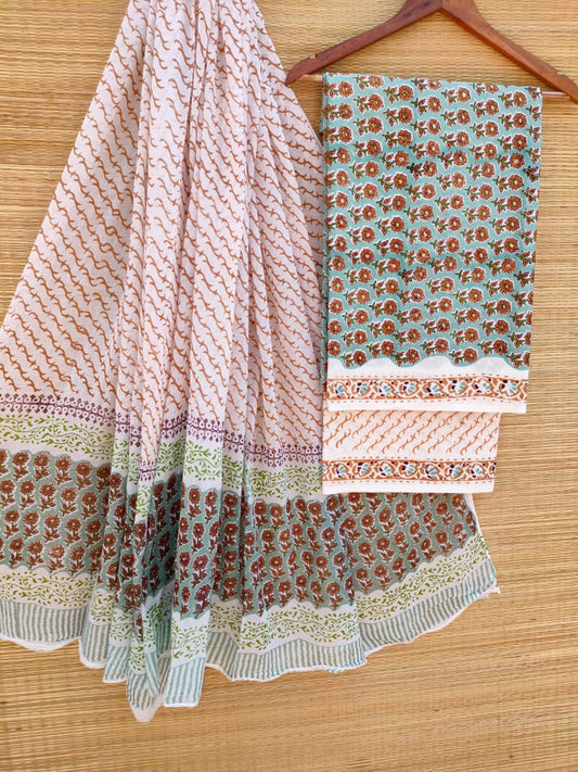 Pure Cotton Hand Block Printed Unstitched Salwar Suit Set With Cotton/Mulmul Dupatta - JBCM703