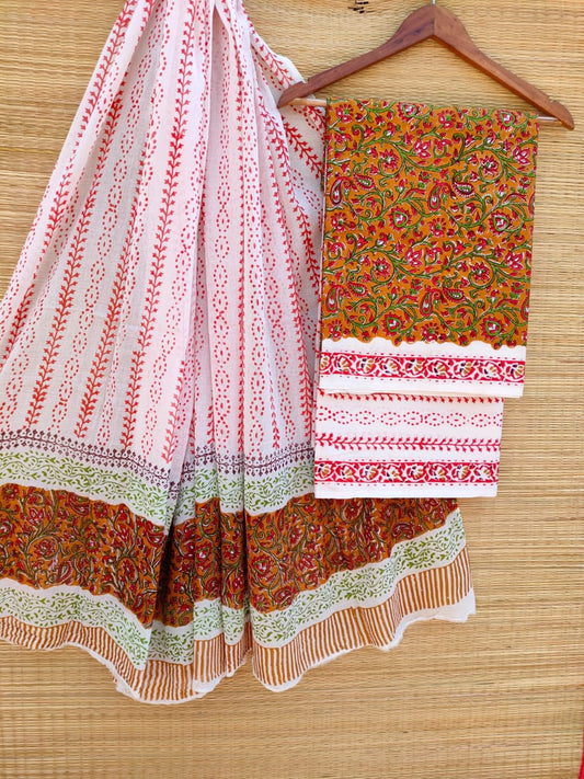 Hand Block Cotton Unstitched Salwar Suit With Cotton/Mulmul Dupatta - JBCM704