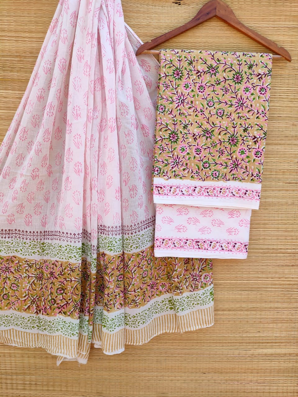 Hand Block Cotton Unstitched Salwar Suit With Cotton/Mulmul Dupatta - JBCM705
