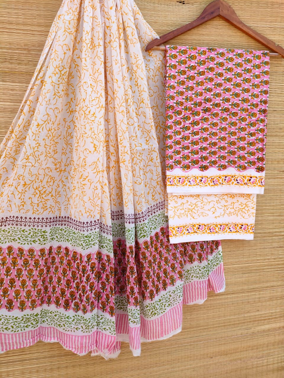 Hand Block Printed Pure Cotton Unstitched Salwar Suit Set With Cotton/Mulmul Dupatta - JBCM706