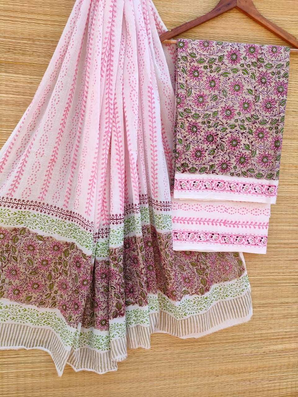 Pure Cotton Hand Block Printed Unstitched Salwar Suit Set With Cotton/Mulmul Dupatta - JBCM707