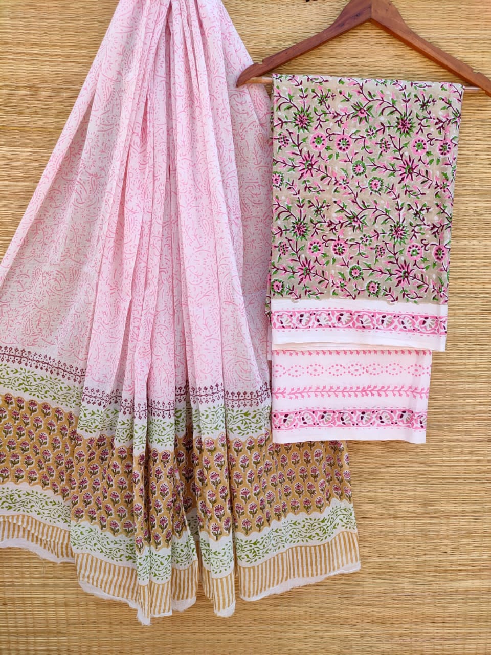Hand Block Cotton Unstitched Salwar Suit With Cotton/Mulmul Dupatta - JBCM708