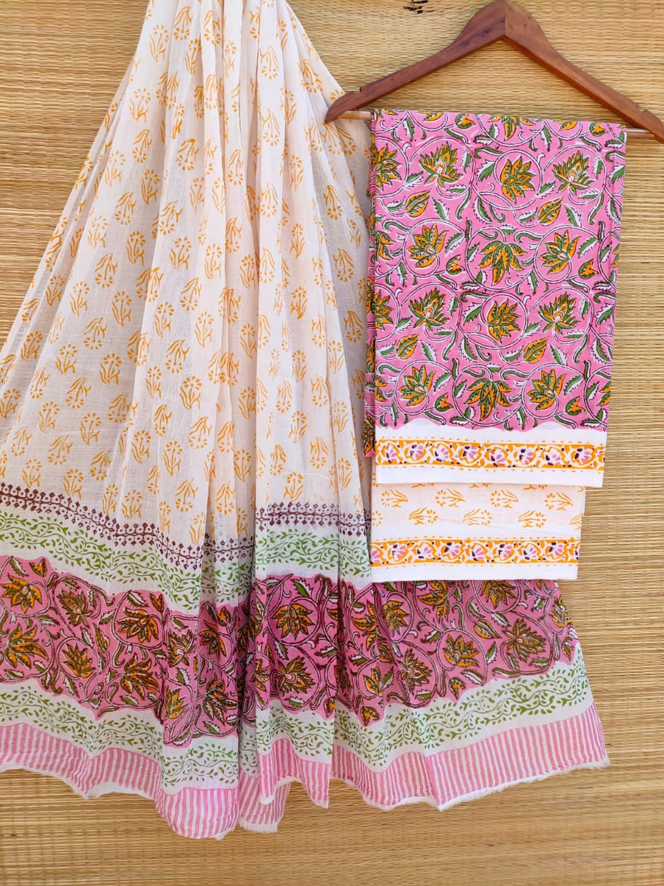 Hand Block Cotton Unstitched Salwar Suit With Cotton/Mulmul Dupatta - JBCM709