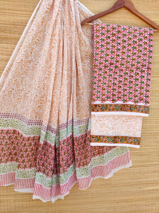 Pure Cotton Hand Block Printed Unstitched Salwar Suit Set With Cotton/Mulmul Dupatta - JBCM711