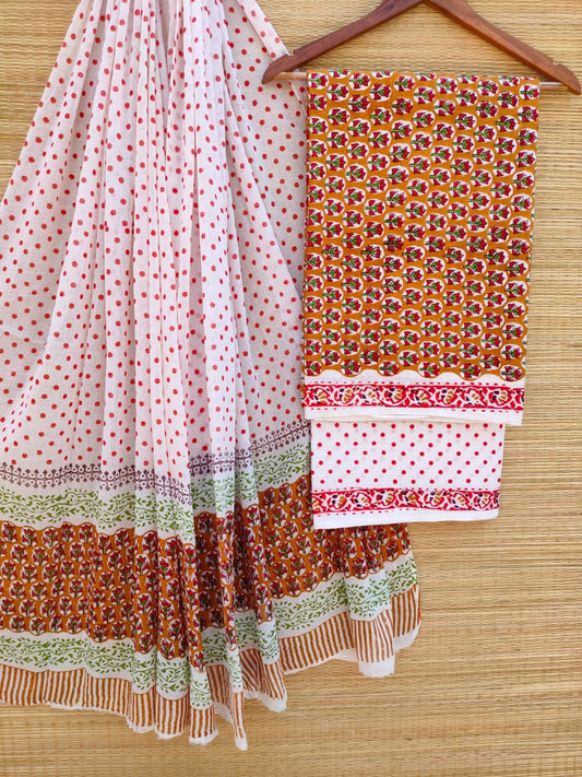 Hand Block Cotton Unstitched Salwar Suit With Cotton/Mulmul Dupatta - JBCM712