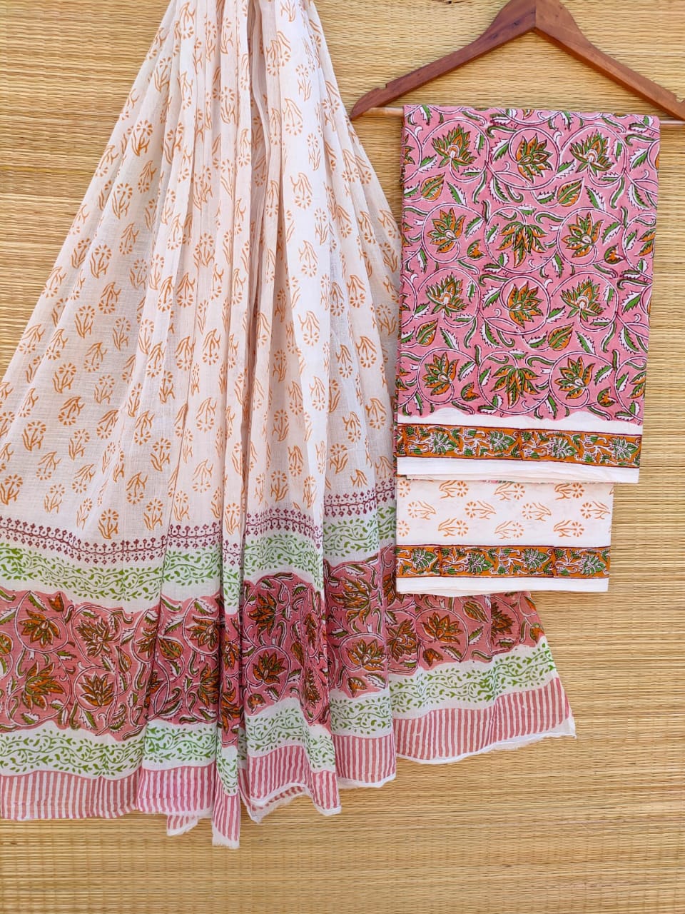 Hand Block Cotton Unstitched Salwar Suit With Cotton/Mulmul Dupatta - JBCM713