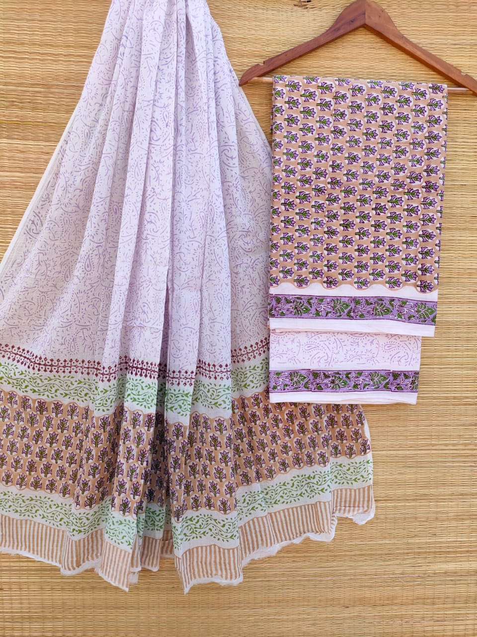 Pure Cotton Hand Block Printed Unstitched Salwar Suit Set With Cotton/Mulmul Dupatta - JBCM715