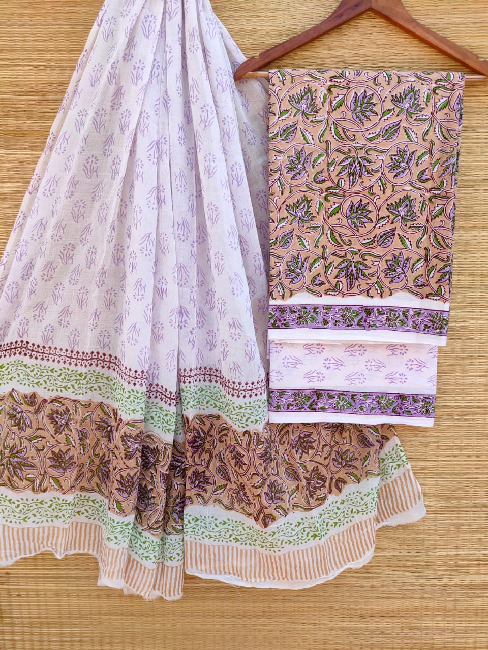 Hand Block Cotton Unstitched Salwar Suit With Cotton/Mulmul Dupatta - JBCM717