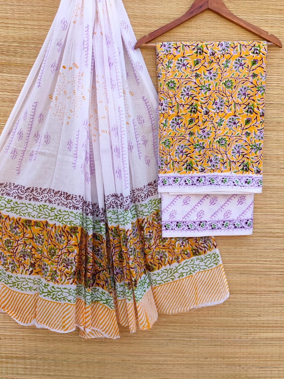 Hand Block Printed Pure Cotton Unstitched Salwar Suit Set With Cotton/Mulmul Dupatta - JBCM718