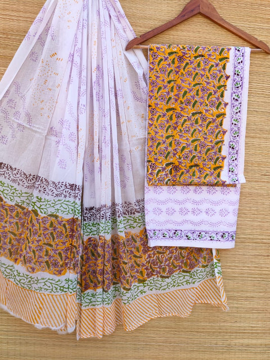 Hand Block Cotton Unstitched Salwar Suit With Cotton/Mulmul Dupatta - JBCM720