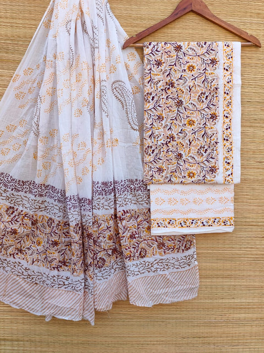 Hand Block Cotton Unstitched Salwar Suit With Cotton/Mulmul Dupatta - JBCM721
