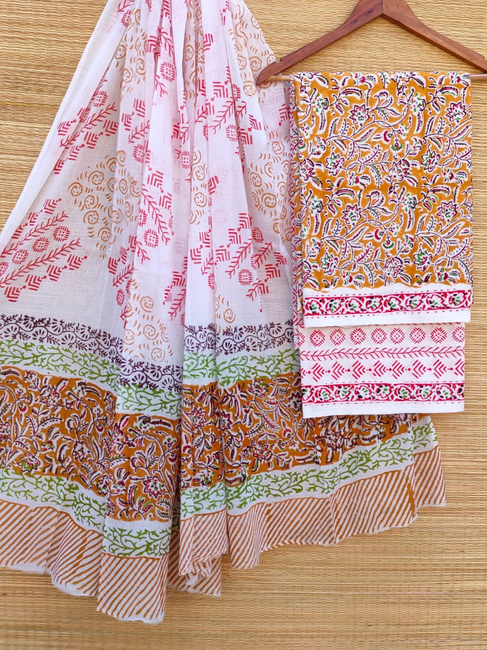 Pure Cotton Hand Block Printed Unstitched Salwar Suit Set With Cotton/Mulmul Dupatta - JBCM723