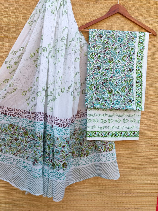 Hand Block Cotton Unstitched Salwar Suit With Cotton/Mulmul Dupatta - JBCM724