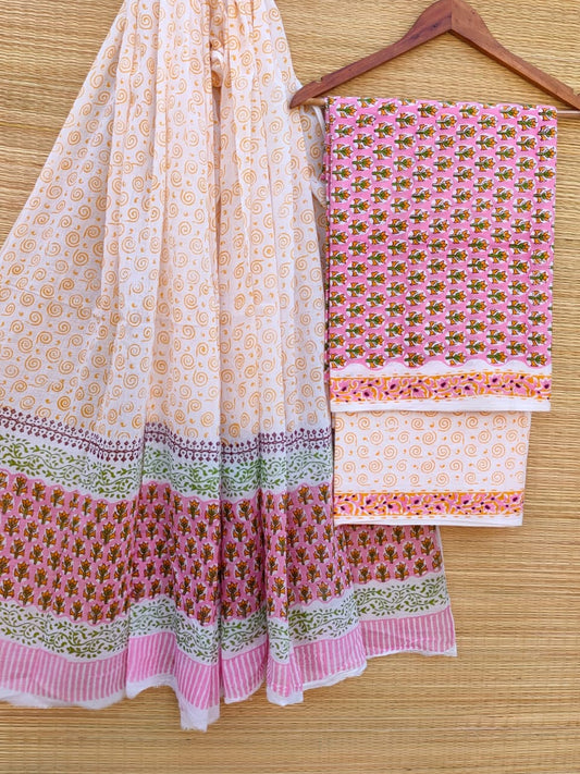 Hand Block Cotton Unstitched Salwar Suit With Cotton/Mulmul Dupatta - JBCM725