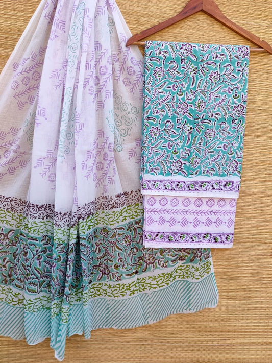 Hand Block Printed Pure Cotton Unstitched Salwar Suit Set With Cotton/Mulmul Dupatta - JBCM726
