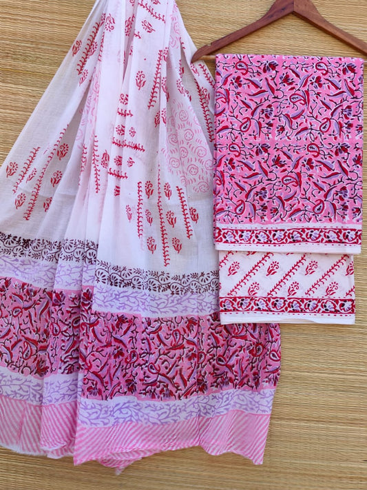 Pure Cotton Hand Block Printed Unstitched Salwar Suit Set With Cotton/Mulmul Dupatta - JBCM727