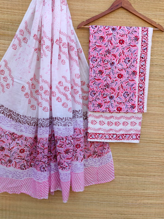 Hand Block Cotton Unstitched Salwar Suit With Cotton/Mulmul Dupatta - JBCM728