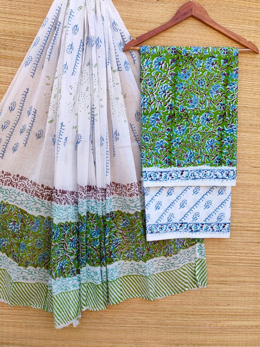 Hand Block Cotton Unstitched Salwar Suit With Cotton/Mulmul Dupatta - JBCM729