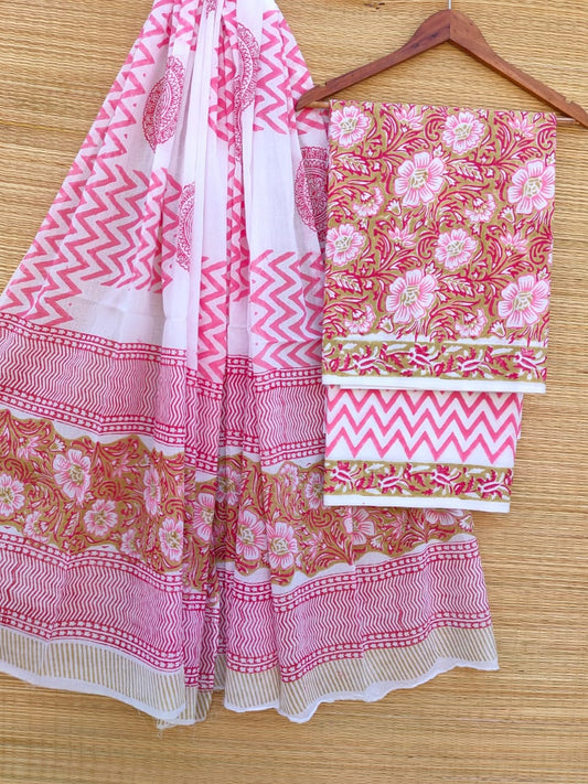 Hand Block Printed Pure Cotton Unstitched Salwar Suit Set With Cotton/Mulmul Dupatta - JBCM730