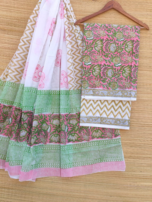 Pure Cotton Hand Block Printed Unstitched Salwar Suit Set With Cotton/Mulmul Dupatta - JBCM731