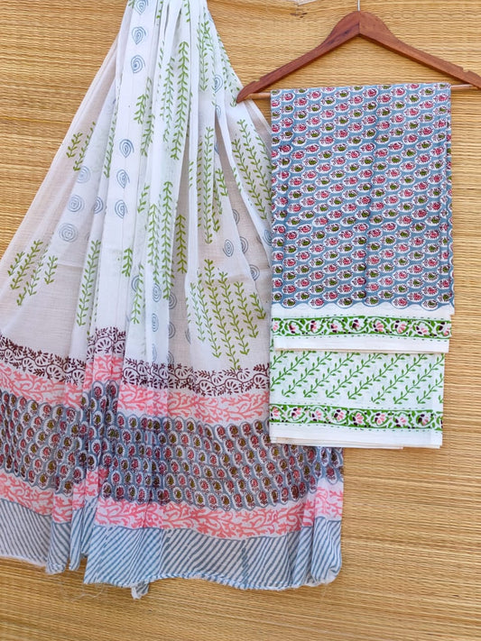 Hand Block Cotton Unstitched Salwar Suit With Cotton/Mulmul Dupatta - JBCM733