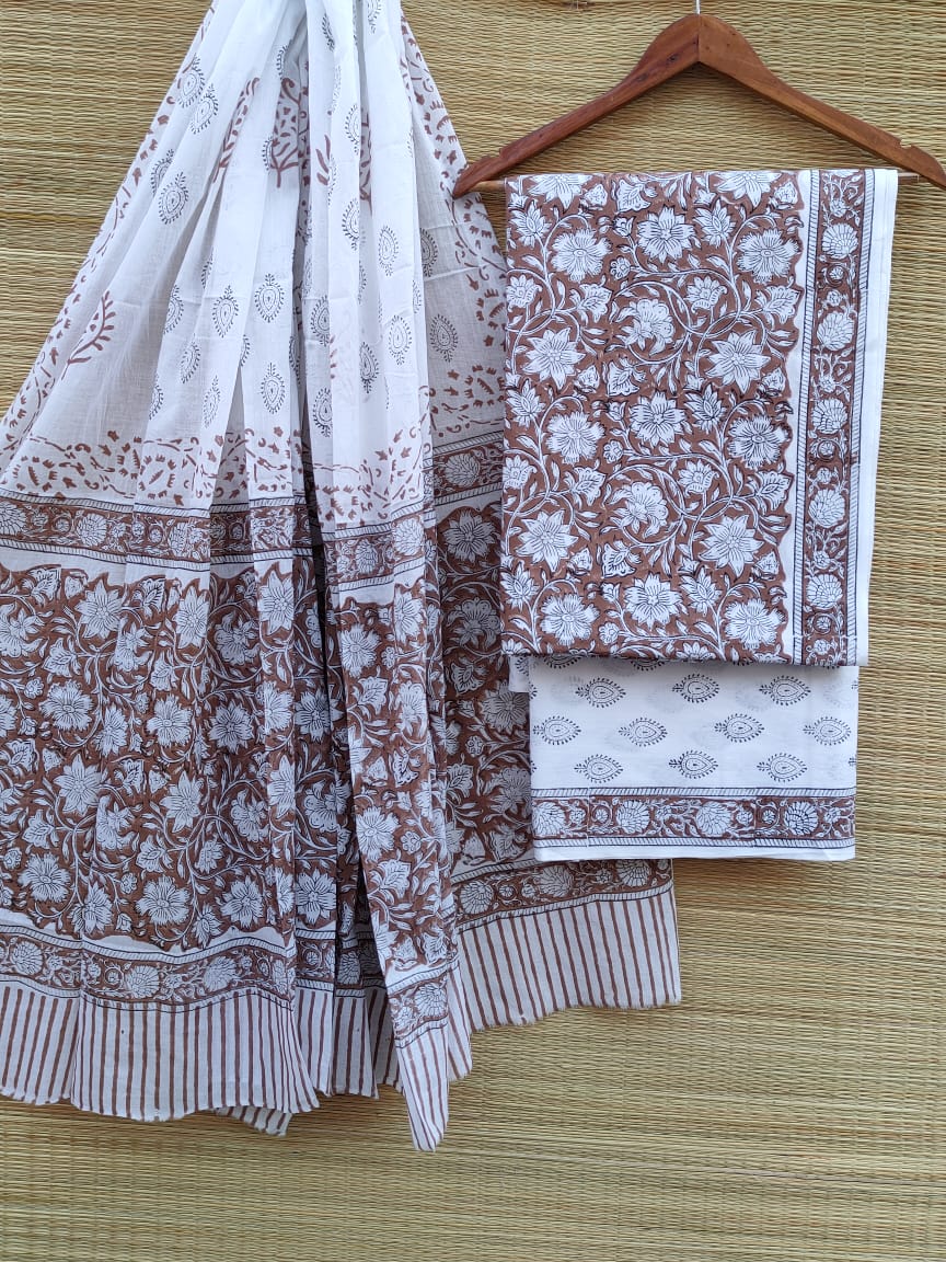 Hand Block Printed Pure Cotton Unstitched Salwar Suit Set With Cotton/Mulmul Dupatta - JBCM734