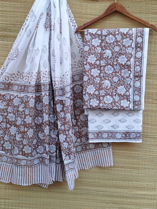 Hand Block Printed Pure Cotton Unstitched Salwar Suit Set With Cotton/Mulmul Dupatta - JBCM734